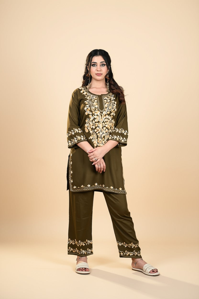 Olive Green Floral Embroidered Co-Ord Set
