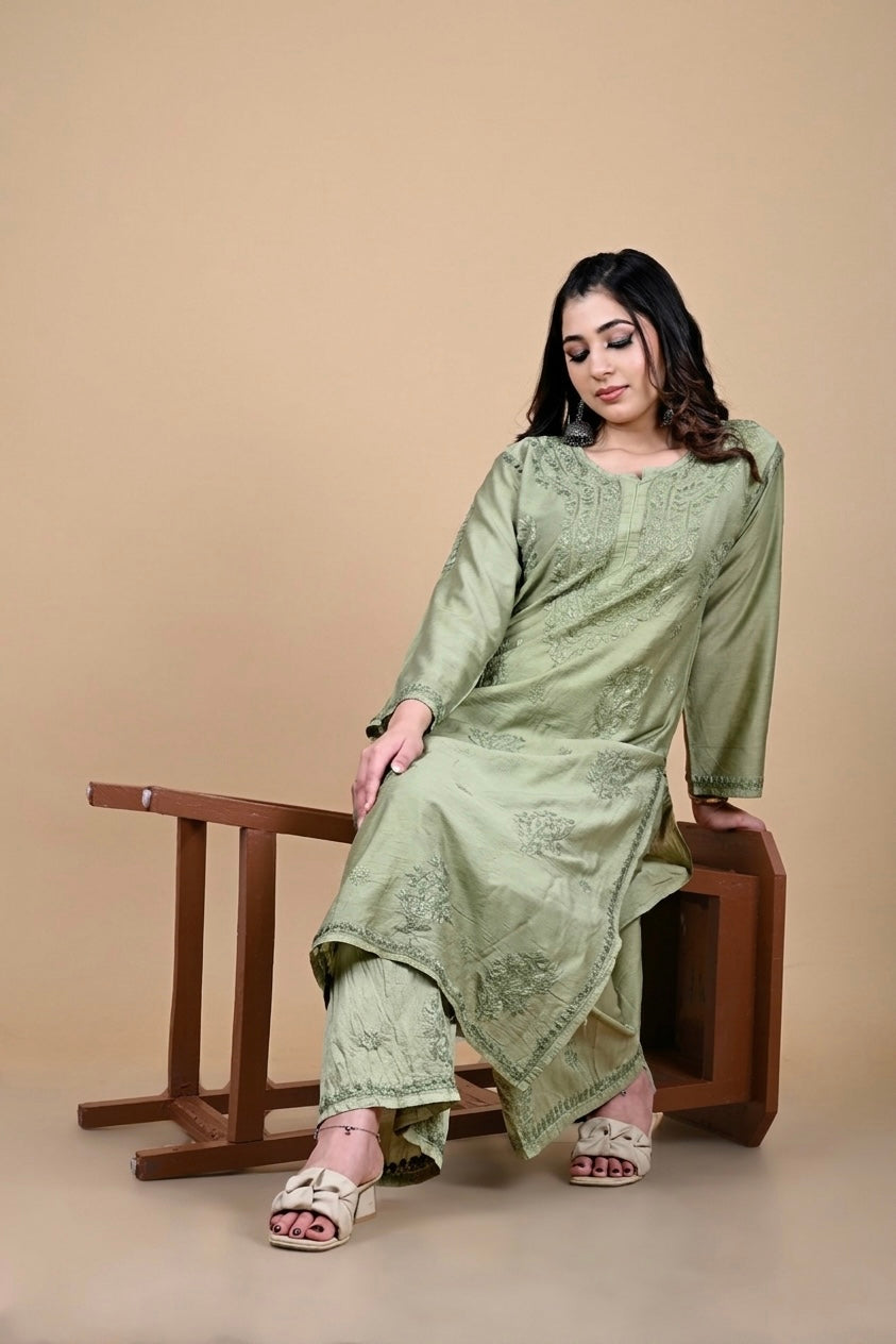Olive Green Silk Blend Lucknowi Chikankari Kurta Set