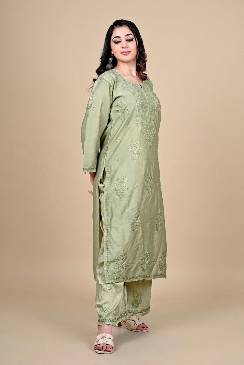 Olive Green Silk Blend Lucknowi Chikankari Kurta Set