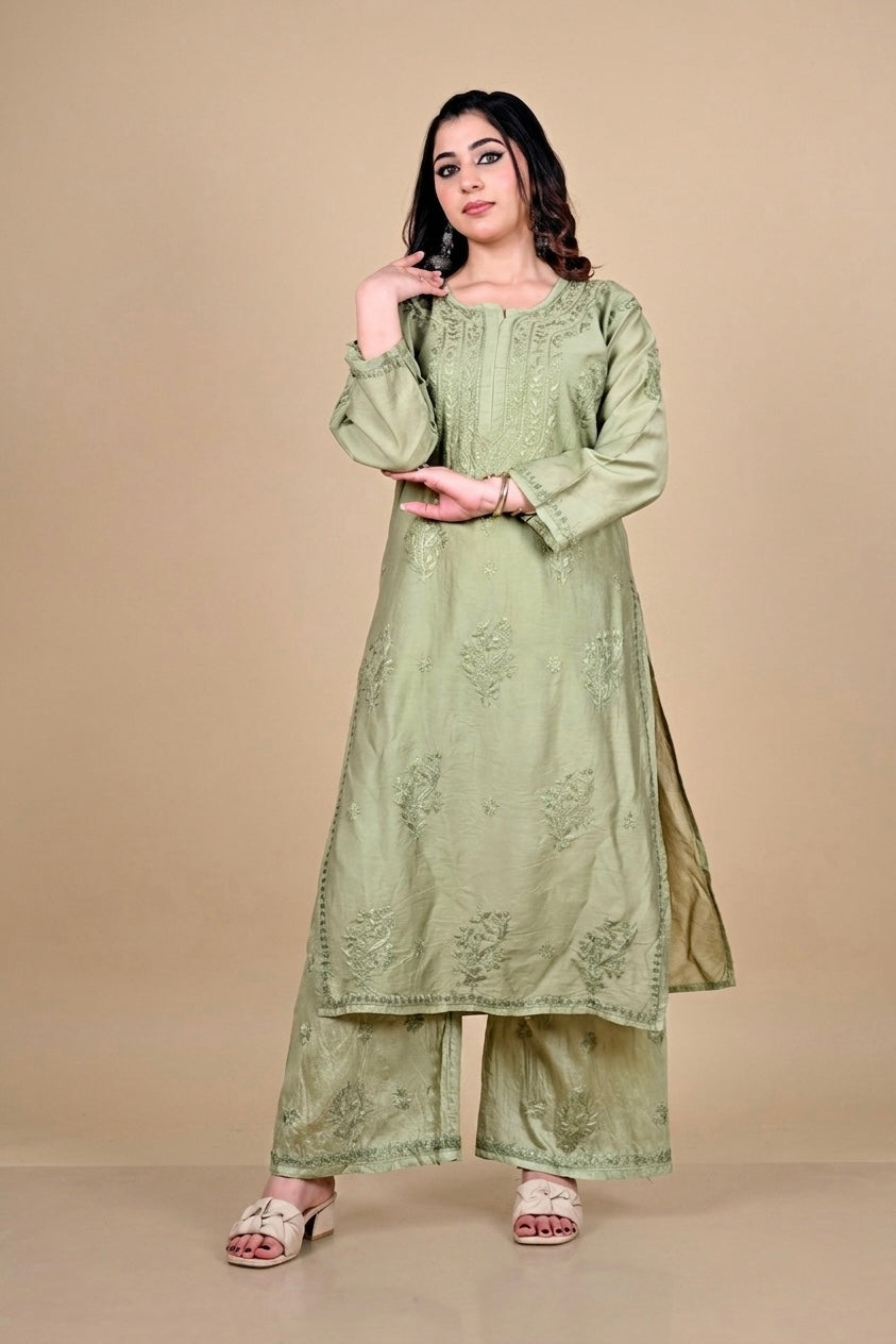Olive Green Silk Blend Lucknowi Chikankari Kurta Set