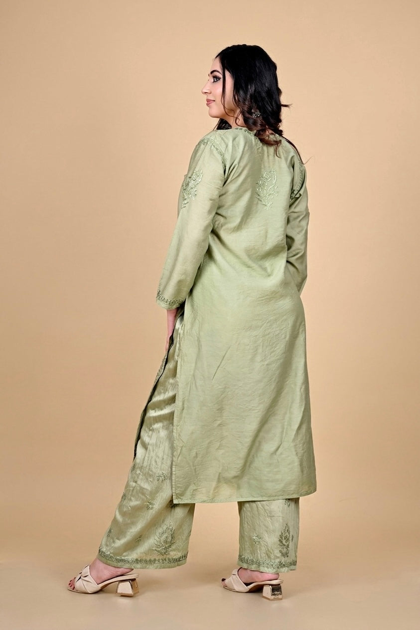 Olive Green Silk Blend Lucknowi Chikankari Kurta Set