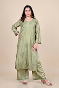 Olive Green Silk Blend Lucknowi Chikankari Kurta Set