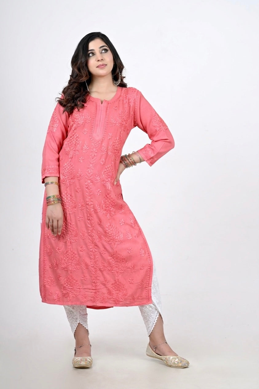 Women's Coral Pink Hand-Embroidered Chikankari Kurti Set