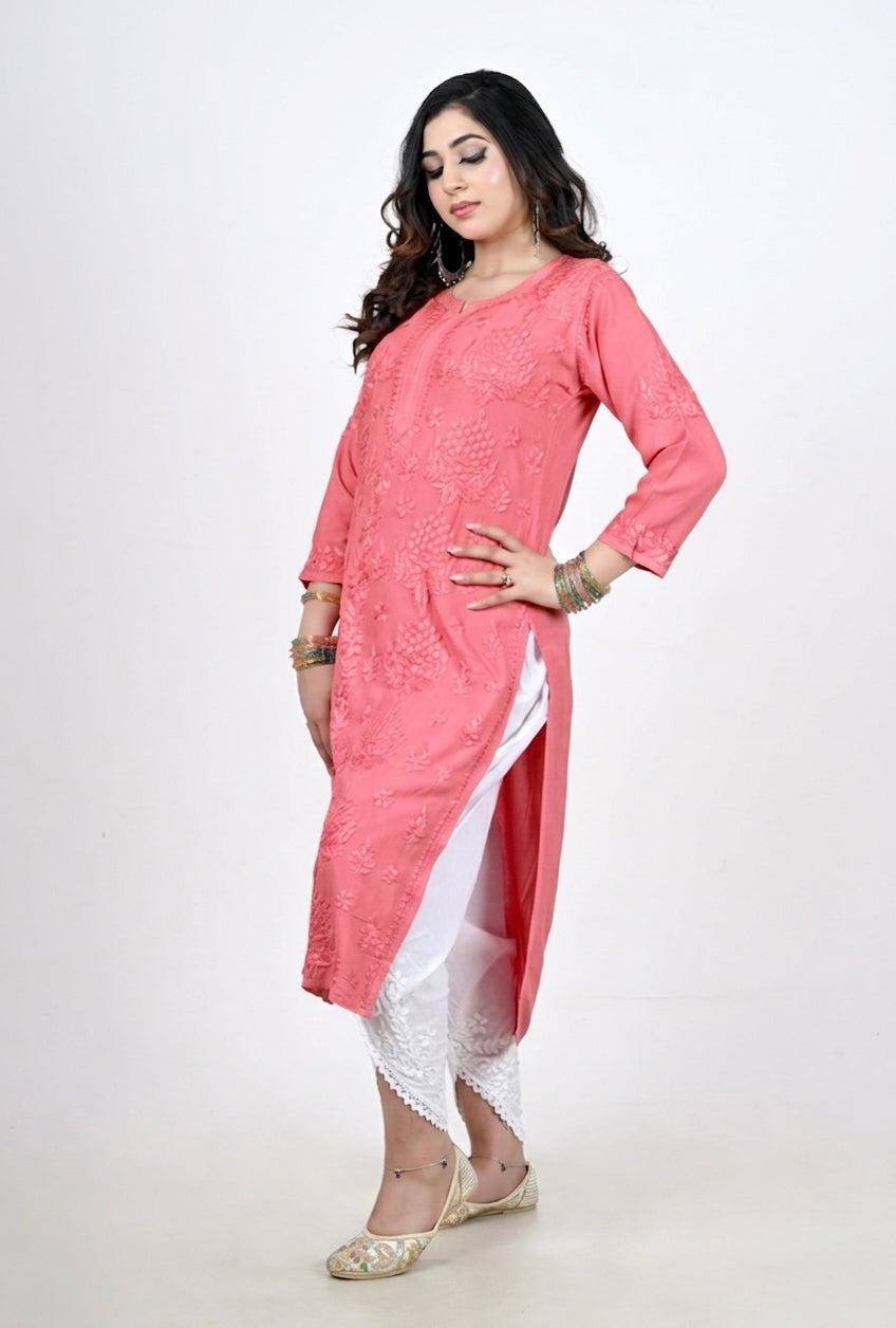 Women's Coral Pink Hand-Embroidered Chikankari Kurti Set