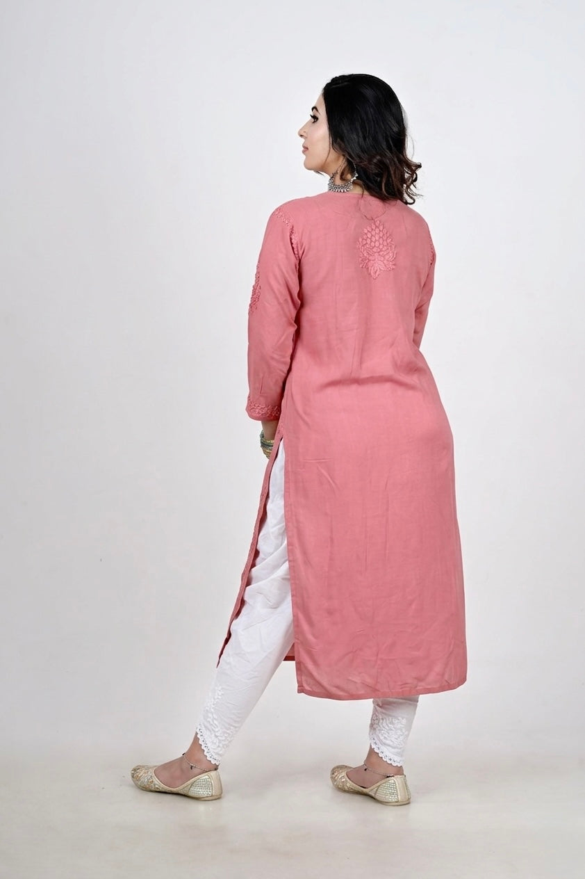 Women's Coral Pink Hand-Embroidered Chikankari Kurti Set