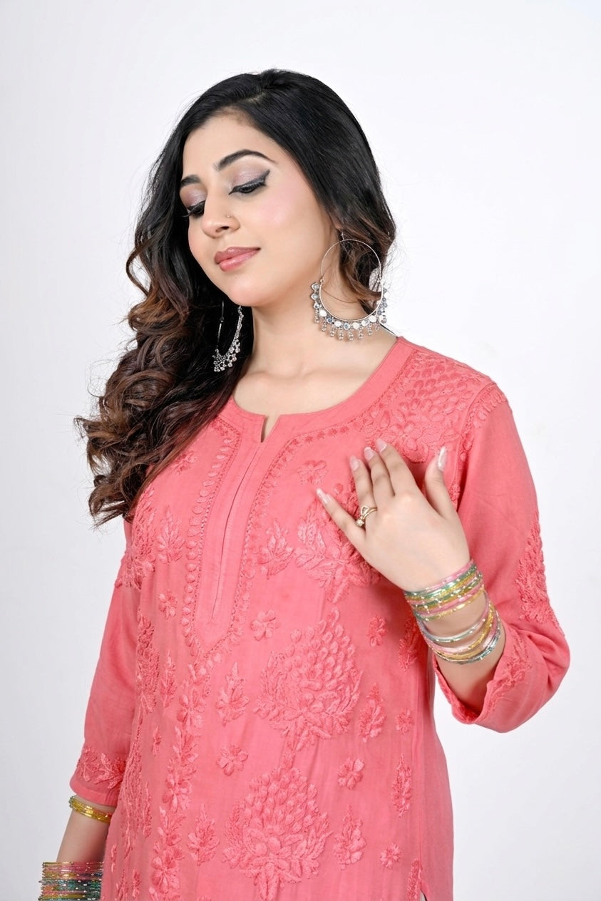 Women's Coral Pink Hand-Embroidered Chikankari Kurti Set
