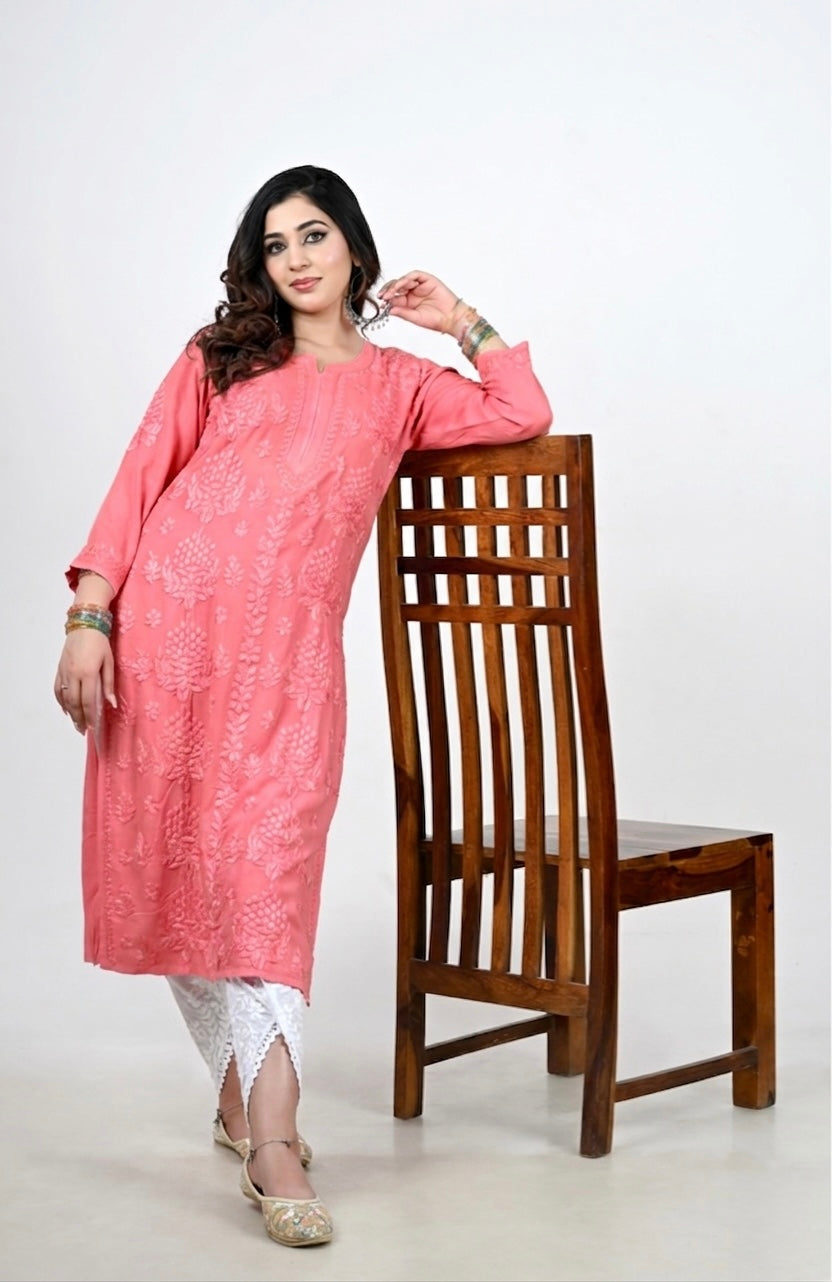 Women's Coral Pink Hand-Embroidered Chikankari Kurti Set