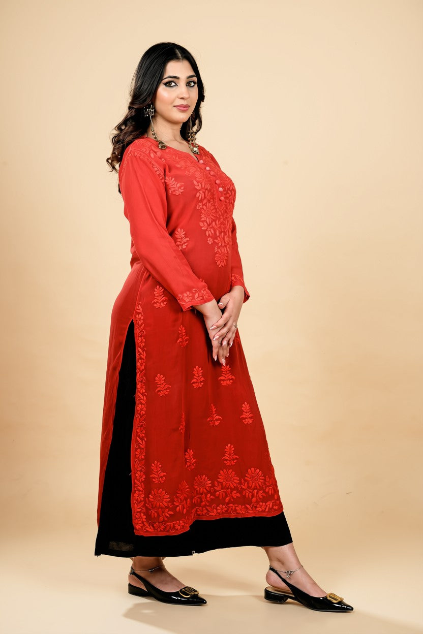 Crimson Bloom Embroidered Kurta